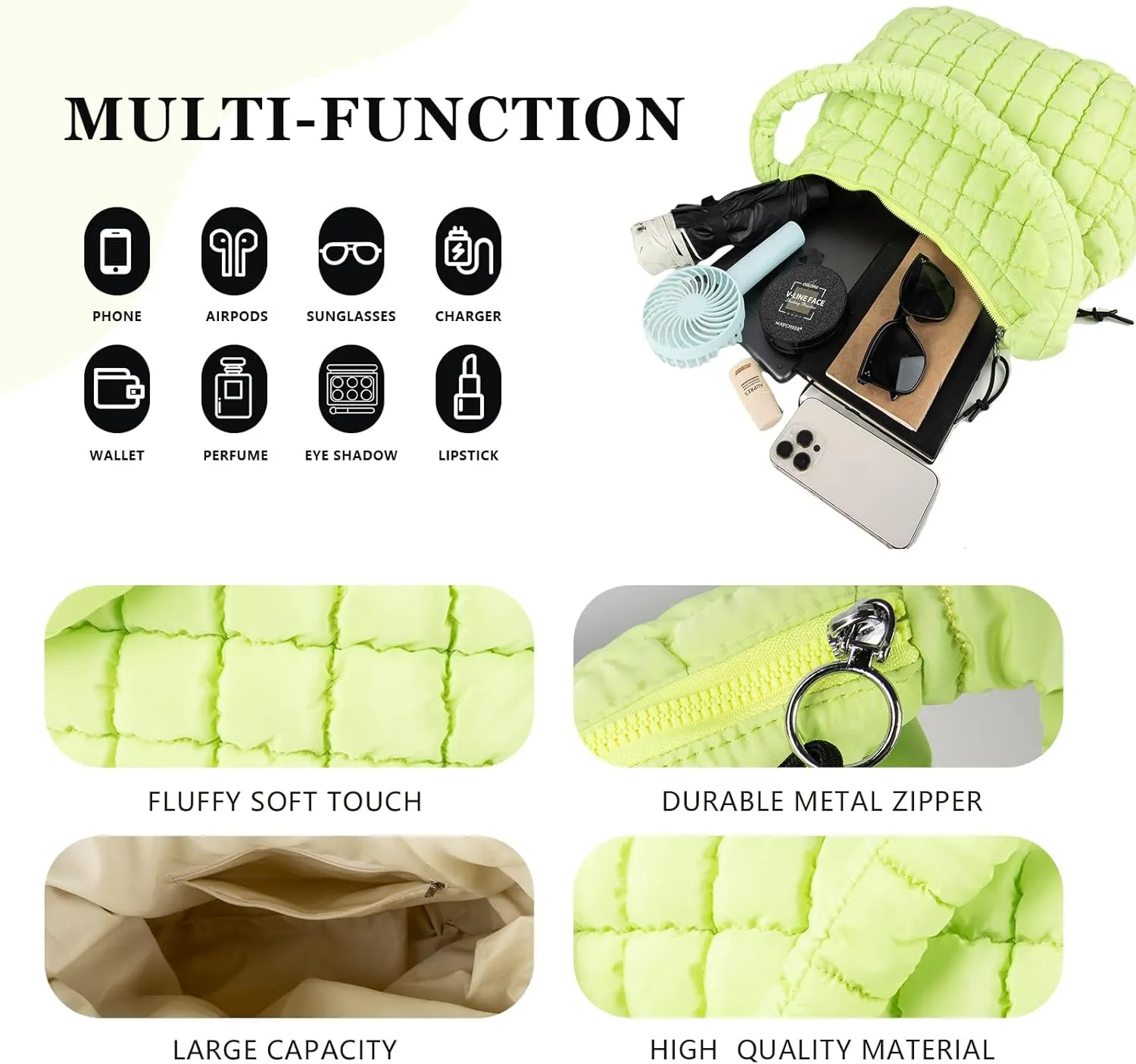 Quilted Puffer Tote Bag Large Crossbody Shoulder Bag with Zipper, Nylon Bubble Hobo Handbag Carryall Bag for Women
