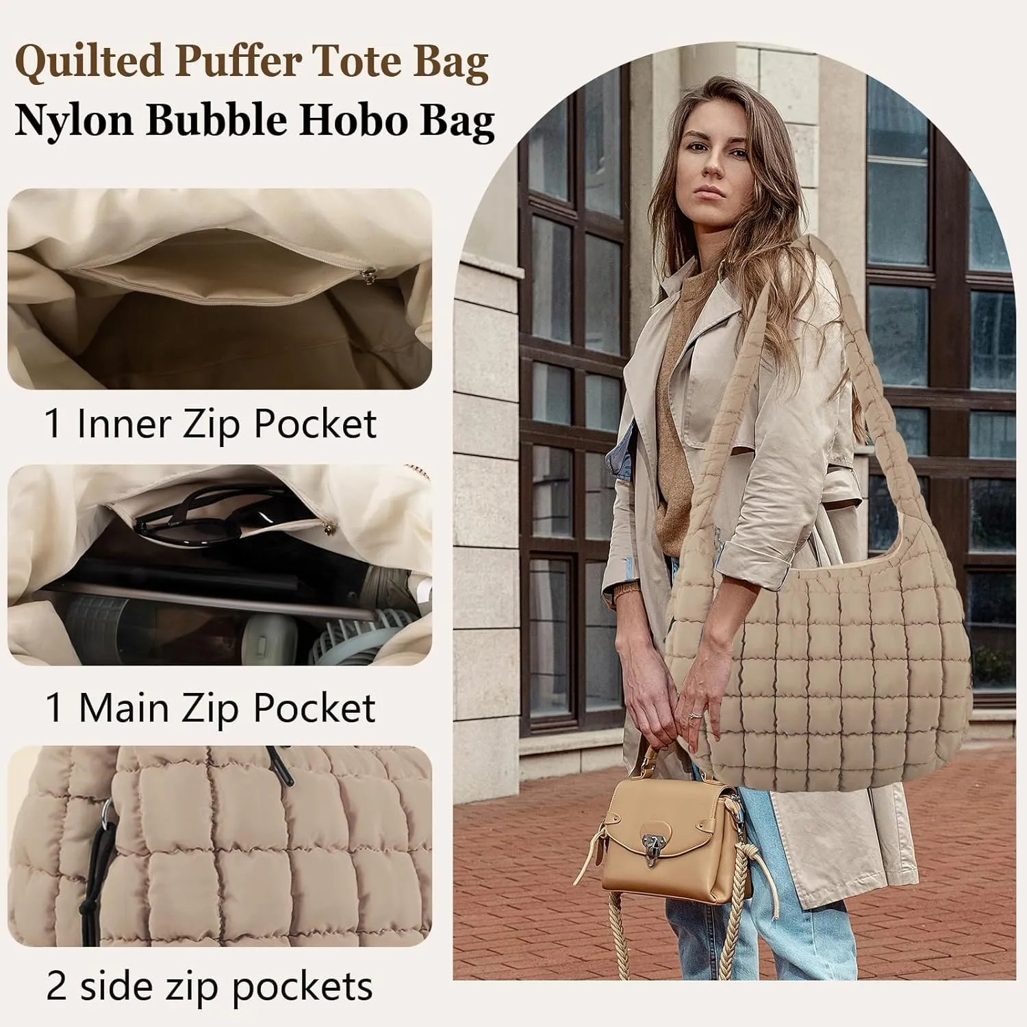 Quilted Puffer Tote Bag Large Crossbody Shoulder Bag with Zipper, Nylon Bubble Hobo Handbag Carryall Bag for Women