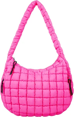 Quilted Puffer Tote Bag Large Crossbody Shoulder Bag with Zipper, Nylon Bubble Hobo Handbag Carryall Bag for Women