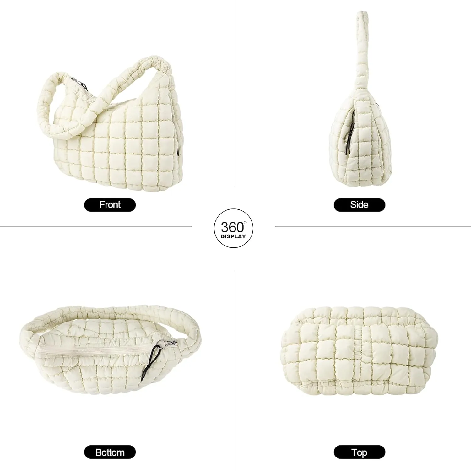Quilted Puffer Tote Bag Large Crossbody Shoulder Bag with Zipper, Nylon Bubble Hobo Handbag Carryall Bag for Women