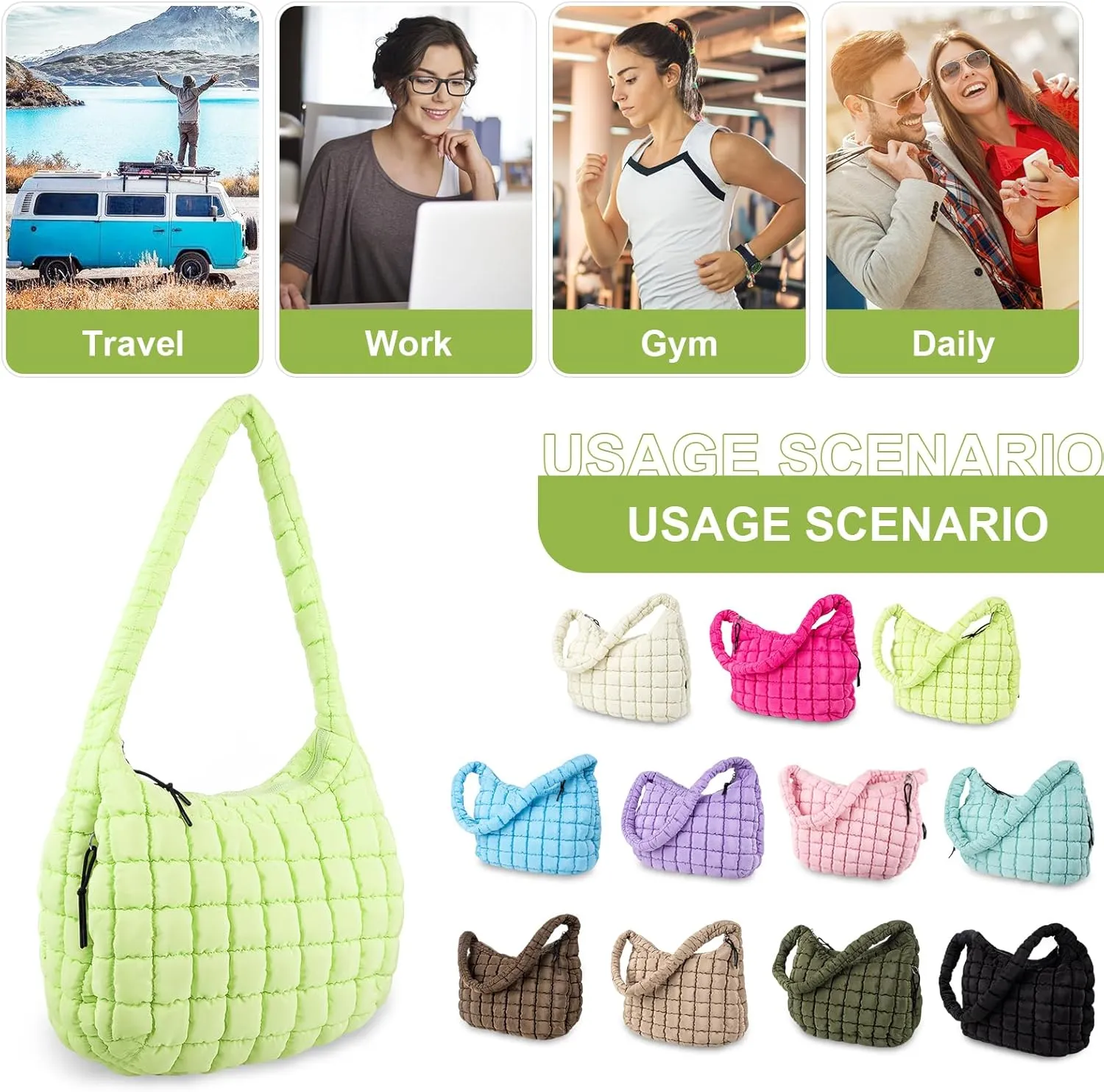 Quilted Puffer Tote Bag Purse Puffy Crossbody Shoulder Bag,Lightweight Nylon Hobo Bag Puffer Carryall Bag for Women Girl