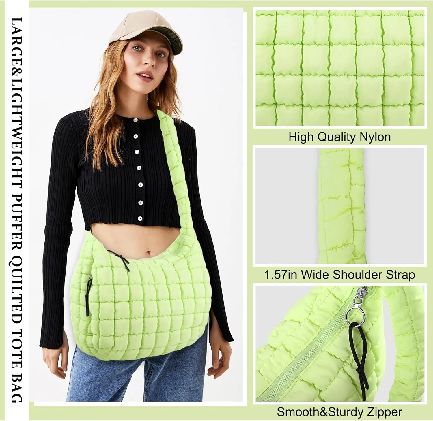 Quilted Puffer Tote Bag Purse Puffy Crossbody Shoulder Bag,Lightweight Nylon Hobo Bag Puffer Carryall Bag for Women Girl