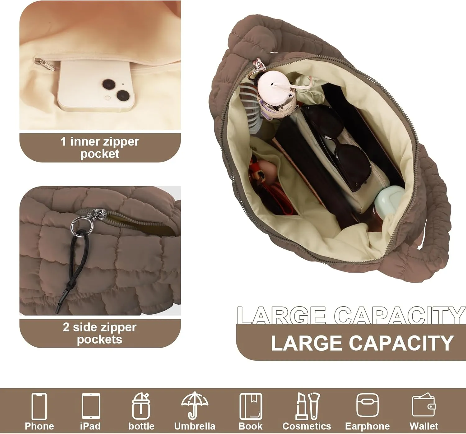 Quilted Puffer Tote Bag Purse Puffy Crossbody Shoulder Bag,Lightweight Nylon Hobo Bag Puffer Carryall Bag for Women Girl