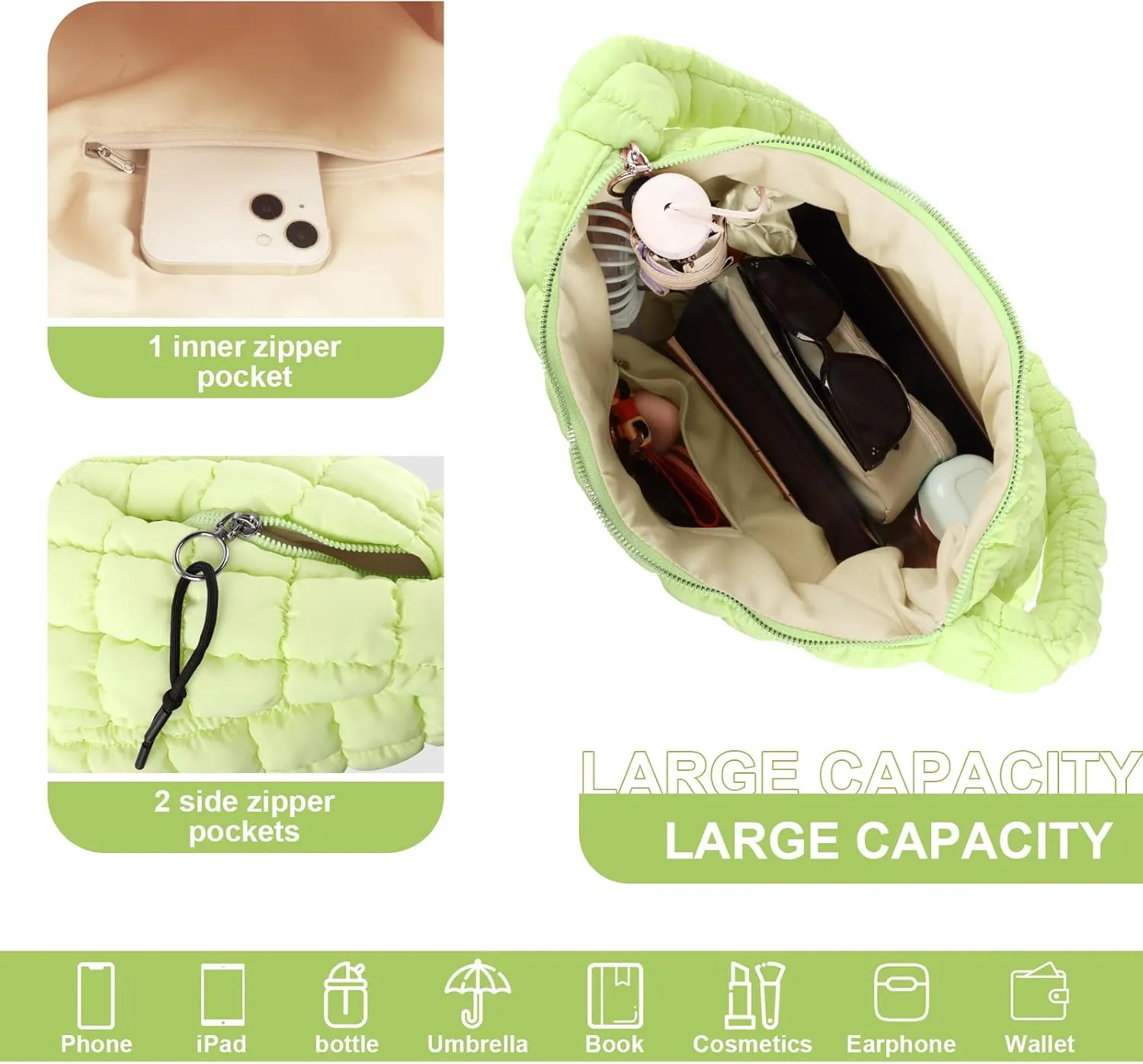 Quilted Puffer Tote Bag Purse Puffy Crossbody Shoulder Bag,Lightweight Nylon Hobo Bag Puffer Carryall Bag for Women Girl