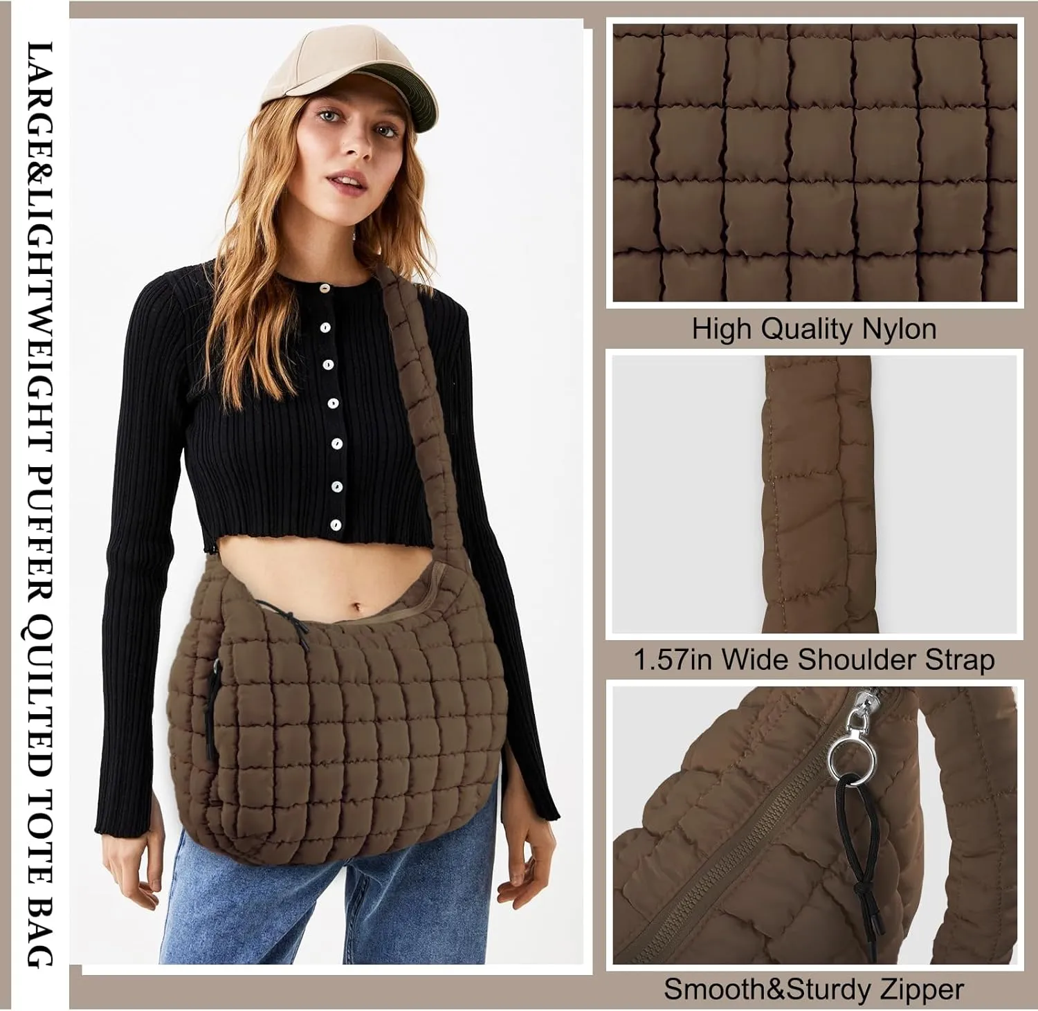 Quilted Puffer Tote Bag Purse Puffy Crossbody Shoulder Bag,Lightweight Nylon Hobo Bag Puffer Carryall Bag for Women Girl