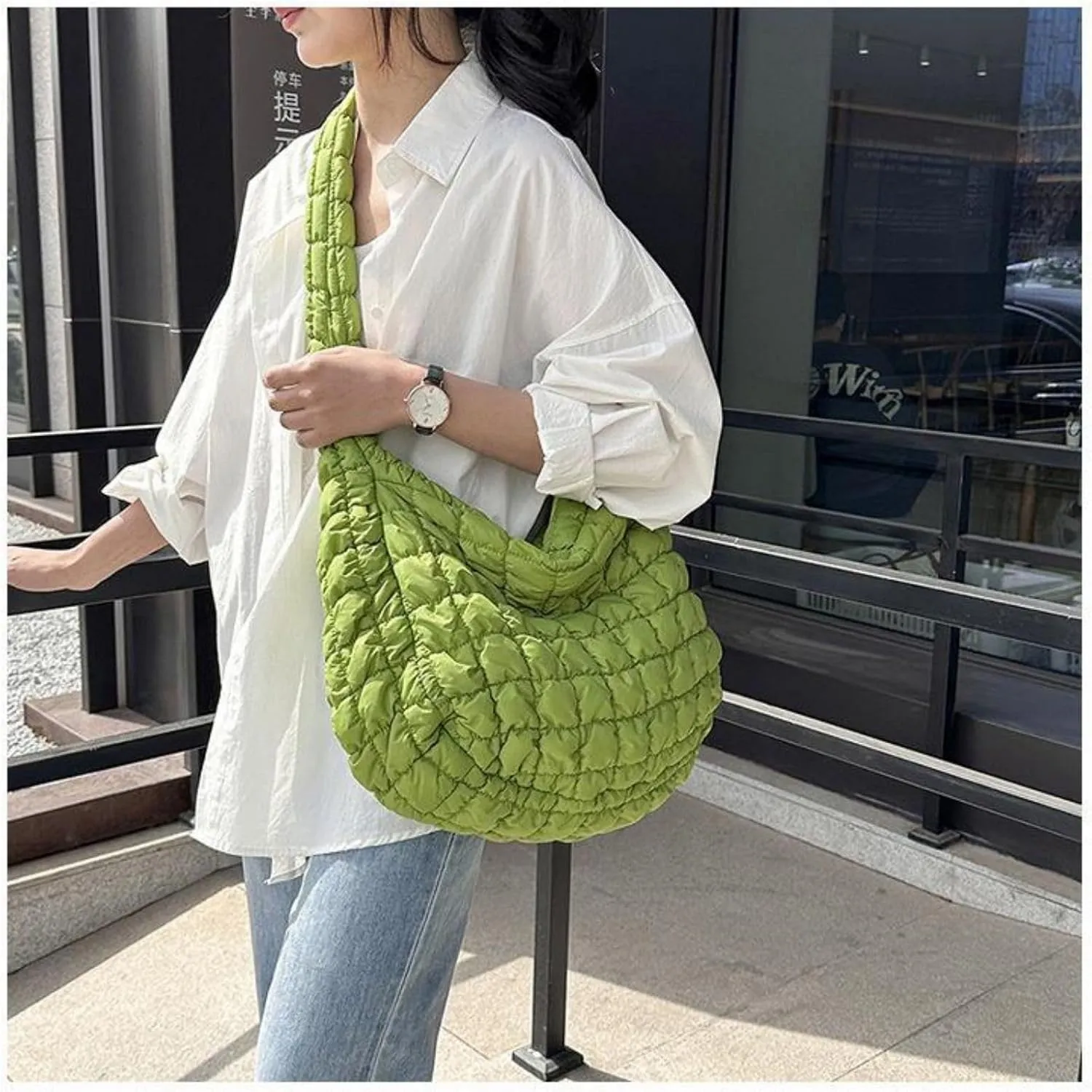 Quilted Puffer Tote Bags for Women Lightweight Quilted Padding Shoulder Bag Satchel Handbag Zip Puffer Bag Green