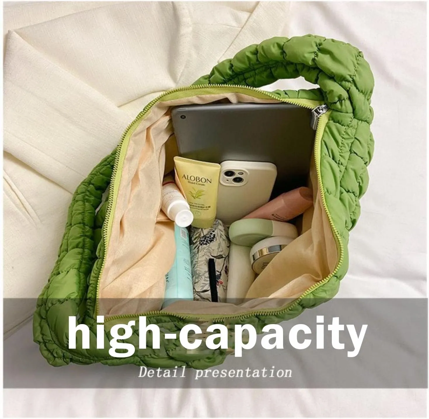 Quilted Puffer Tote Bags for Women Lightweight Quilted Padding Shoulder Bag Satchel Handbag Zip Puffer Bag Green