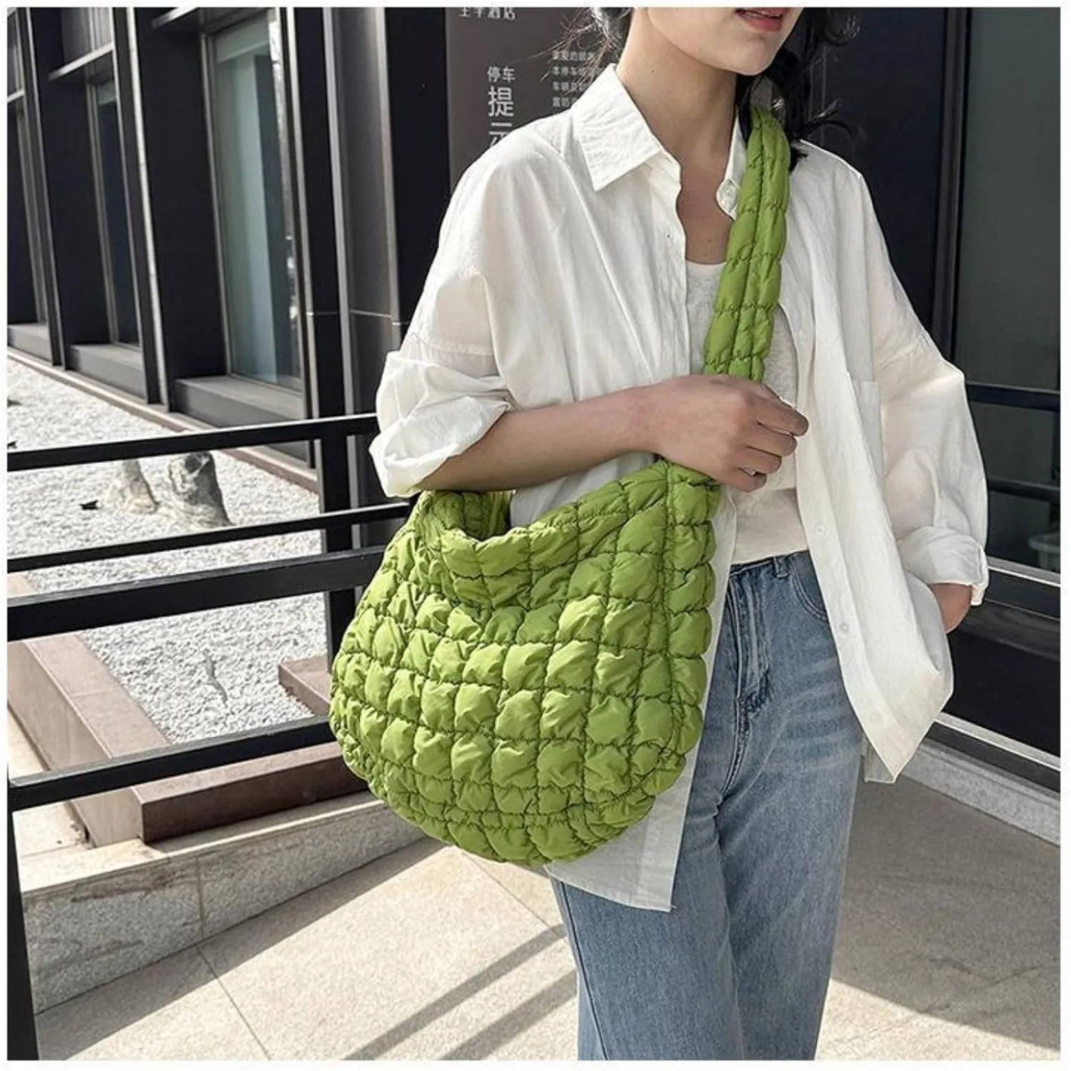Quilted Puffer Tote Bags for Women Lightweight Quilted Padding Shoulder Bag Satchel Handbag Zip Puffer Bag Green