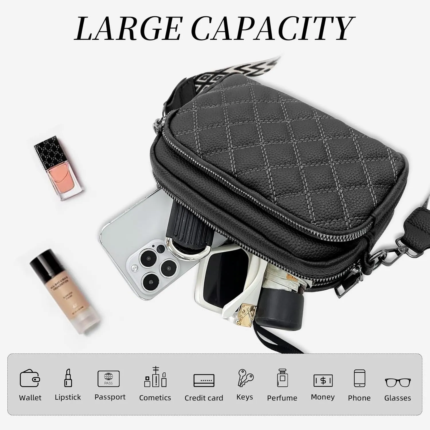 Quilted Purses for Women Crossbody Purse Small Crossbody Bag Leather Shoulder Handbags Wide Guitar Strap Purse