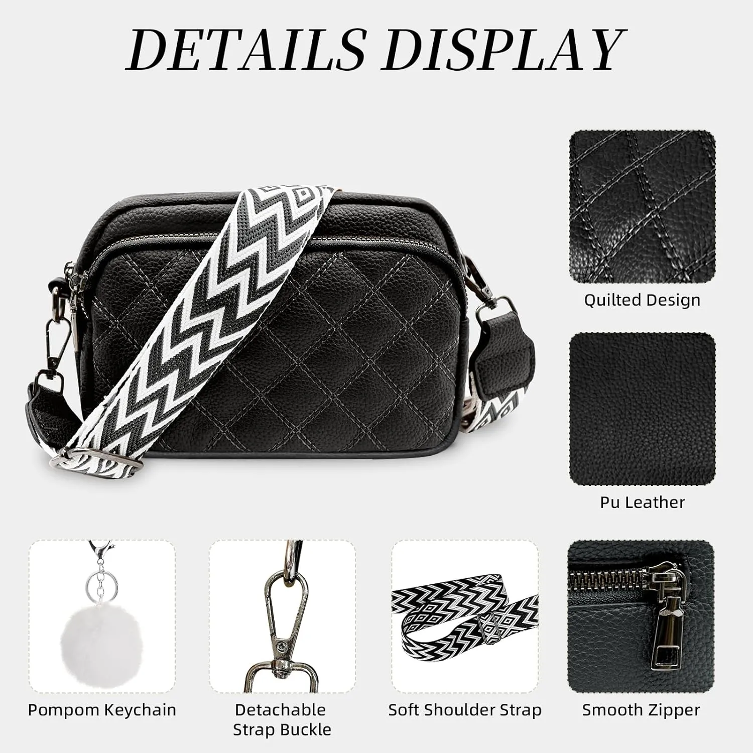 Quilted Purses for Women Crossbody Purse Small Crossbody Bag Leather Shoulder Handbags Wide Guitar Strap Purse