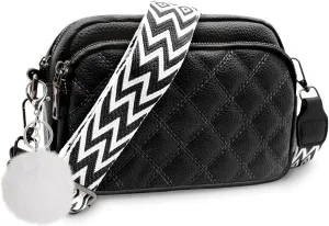 Quilted Purses for Women Crossbody Purse Small Crossbody Bag Leather Shoulder Handbags Wide Guitar Strap Purse