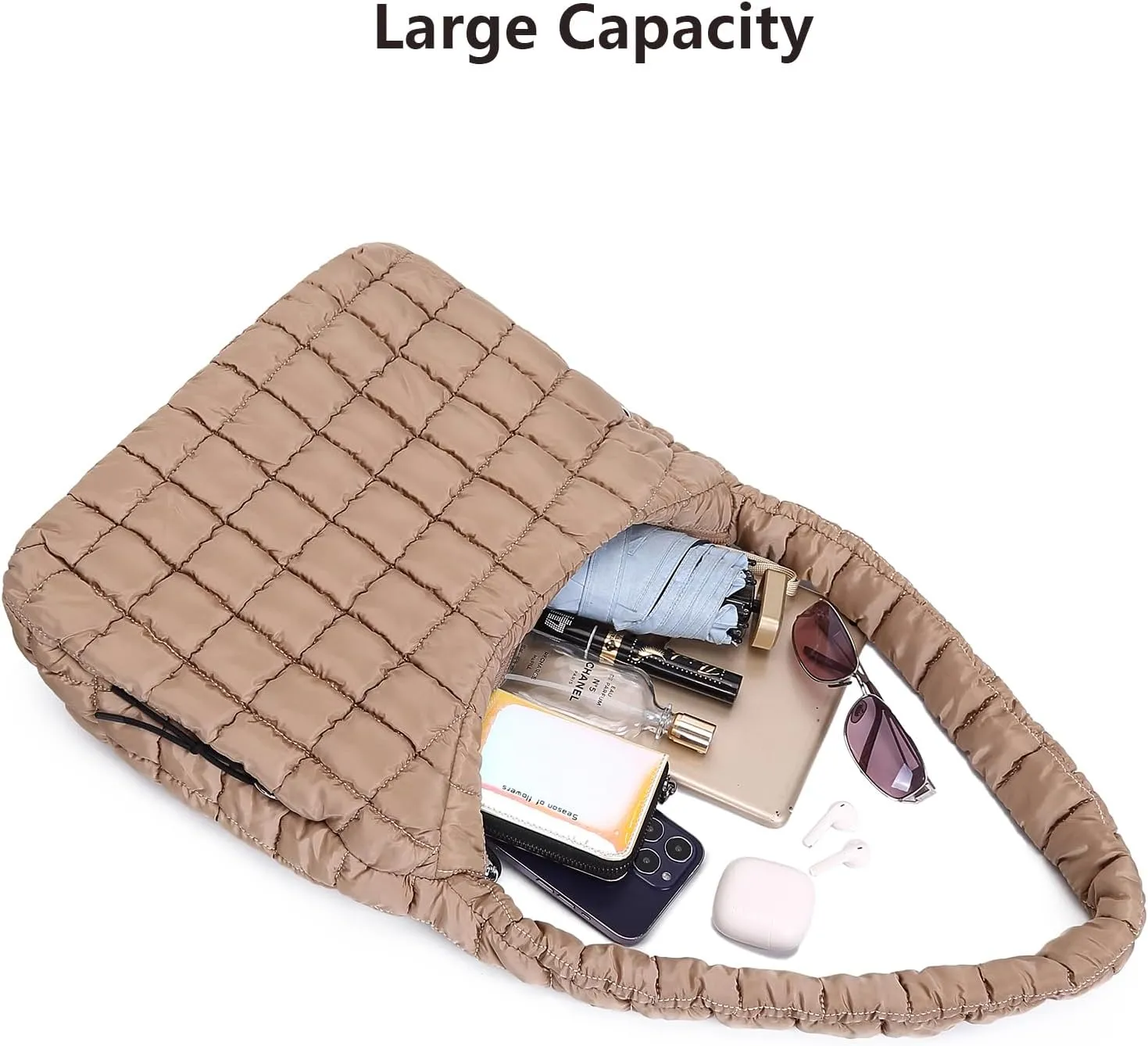 Quilted Tote Bag for Women Large Puffer Carryall Bag Lightweight Puffy Padding Hobo Shoulder Bag Crossbody Ladies Purse