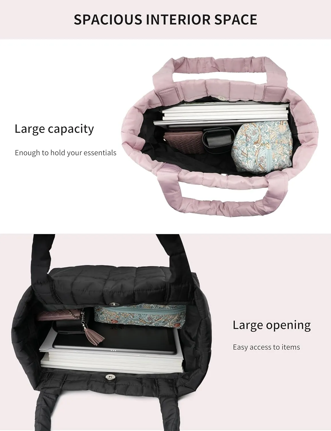 Quilted Tote Bag for Women, Lightweight Carryall Puffer Shoulder Bag Handbag for Travel, Work