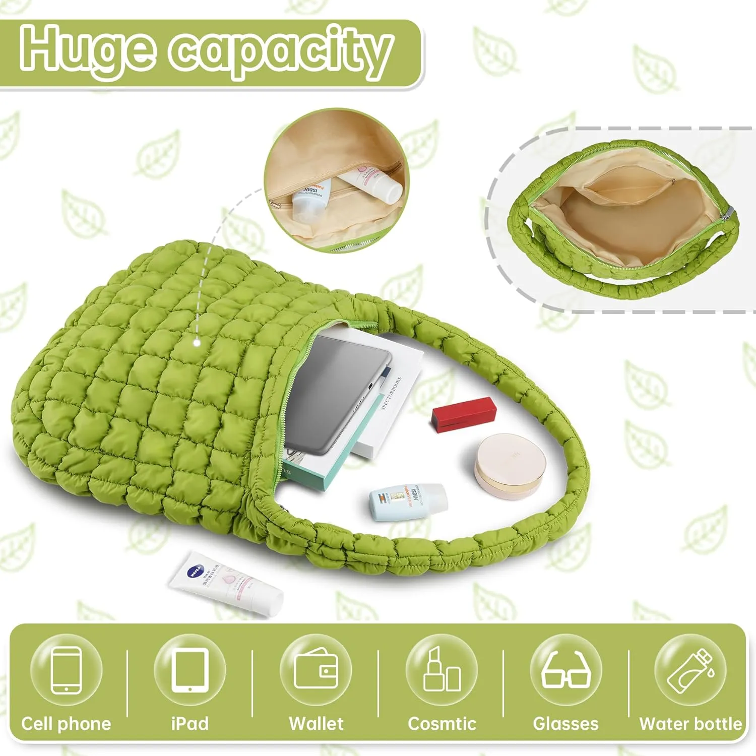 Quilted Tote Bag for Women, Puffer Shoulder Hobo Purse Crossbody Bag Lightweight Padding Handbag