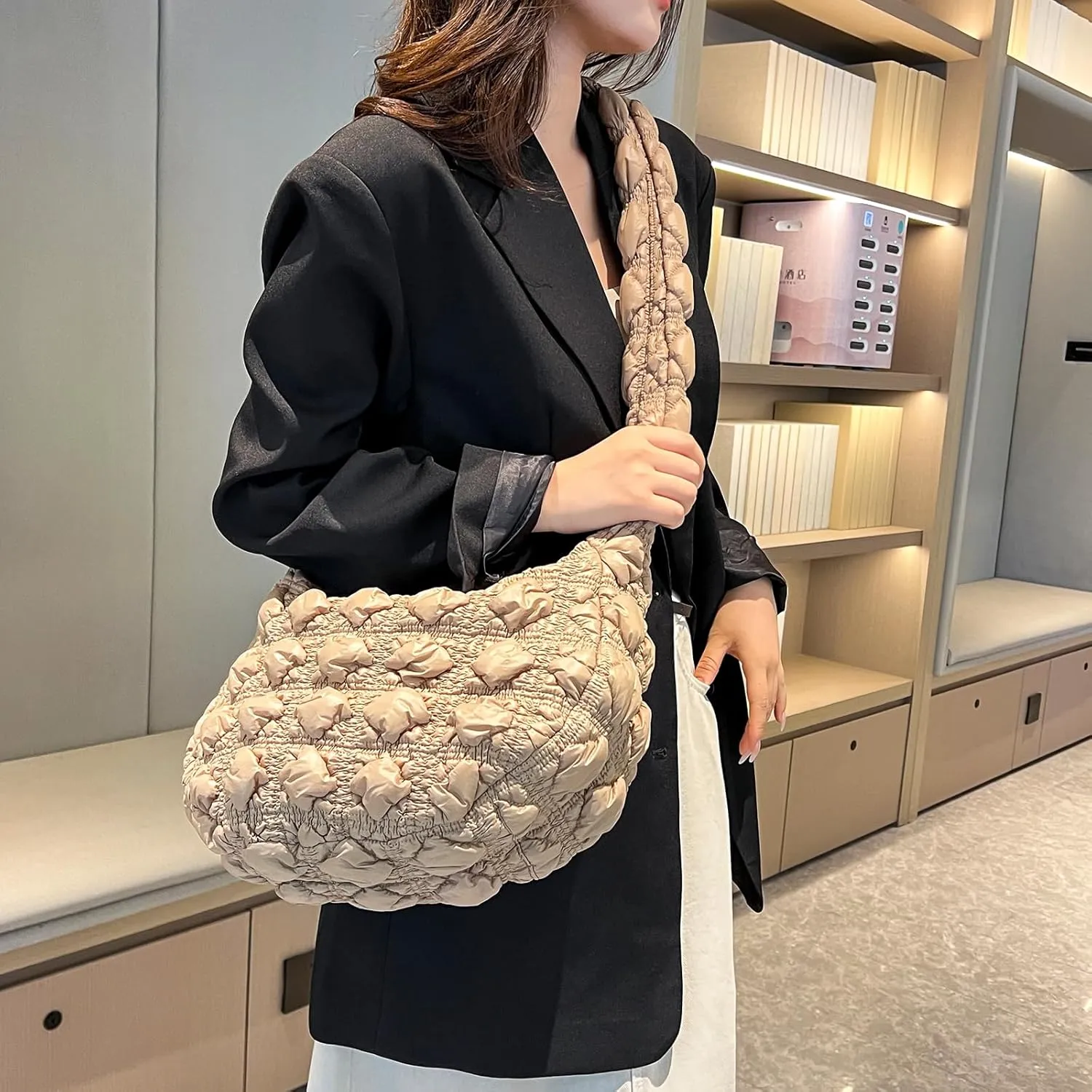 Quilted Tote Bag for Women, Puffer Shoulder Hobo Purse Crossbody Bag Lightweight Padding Handbag