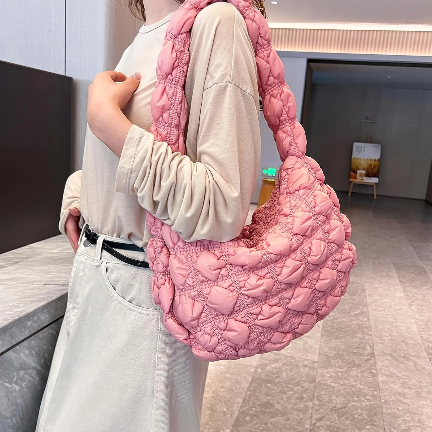Quilted Tote Bag for Women, Puffer Shoulder Hobo Purse Crossbody Bag Lightweight Padding Handbag