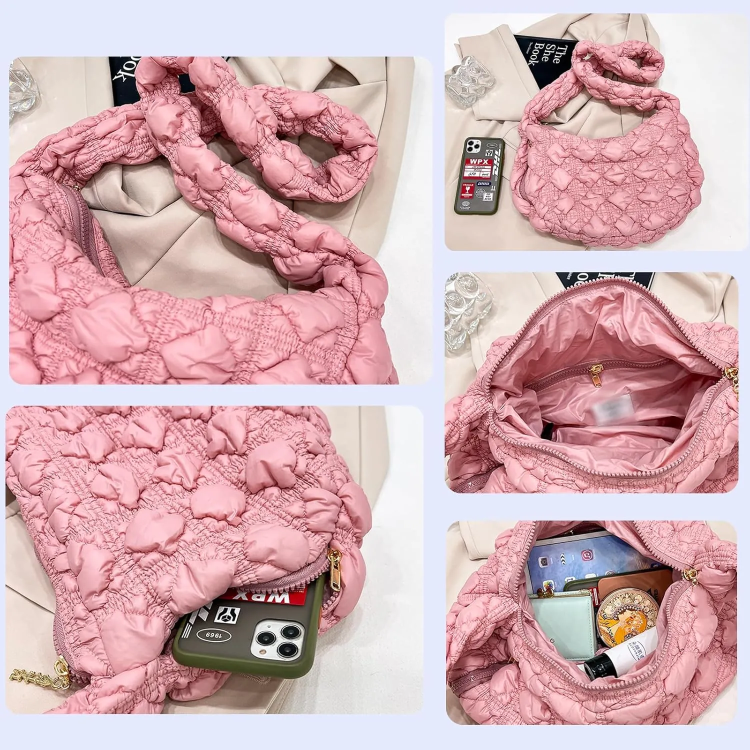 Quilted Tote Bag for Women, Puffer Shoulder Hobo Purse Crossbody Bag Lightweight Padding Handbag