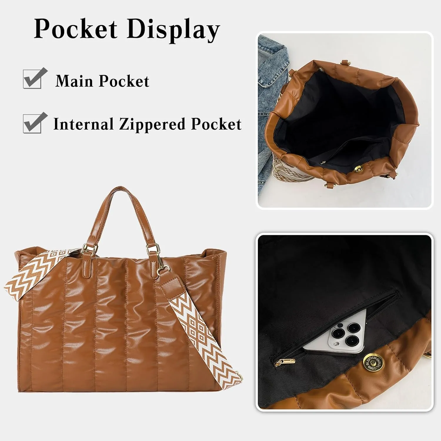 Quilted Tote Bag for Women Soft Puffy Handbag PU Leather Shoulder Bag Down Cotton Padded Top Handle Bag Crossbody Bag