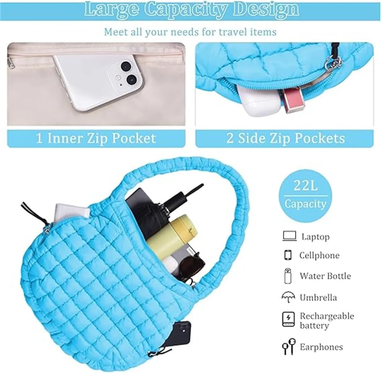 Quilted Tote Bag for Women,Large Nylon Crossbody Bag,Trendy Hobo Handbag,Lightweight Padding Shoulder Bag