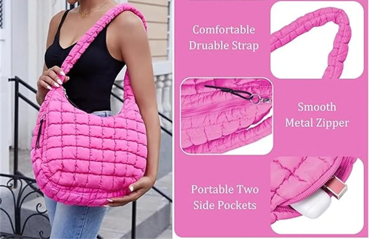 Quilted Tote Bag for Women,Large Nylon Crossbody Bag,Trendy Hobo Handbag,Lightweight Padding Shoulder Bag