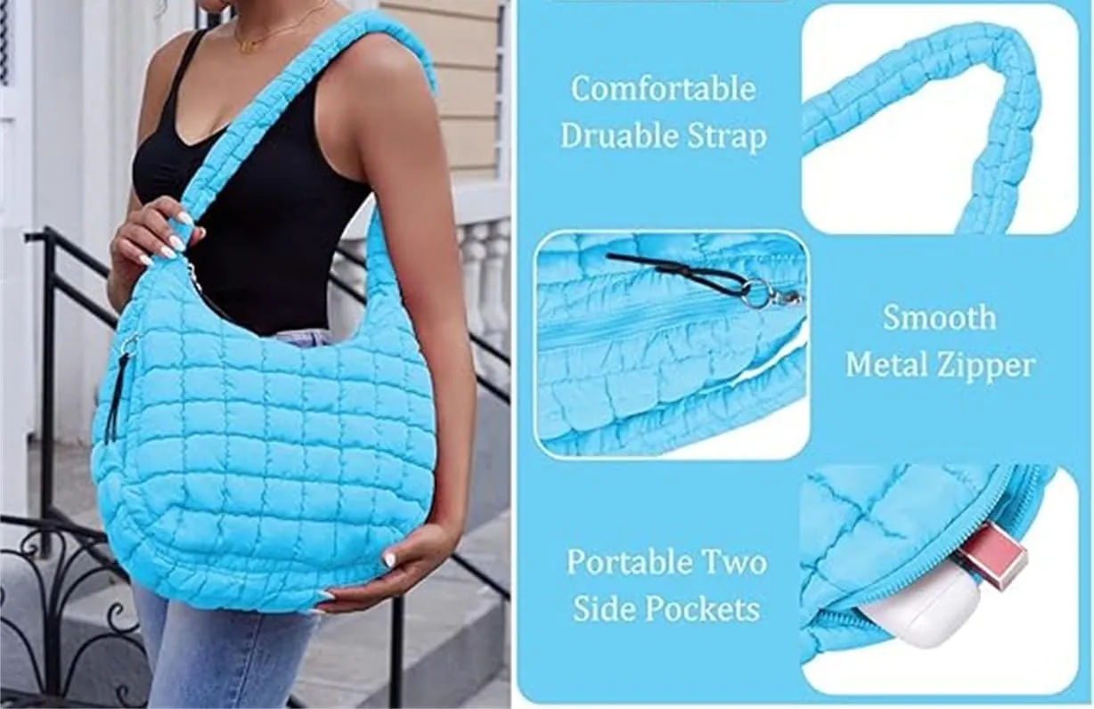 Quilted Tote Bag for Women,Large Nylon Crossbody Bag,Trendy Hobo Handbag,Lightweight Padding Shoulder Bag