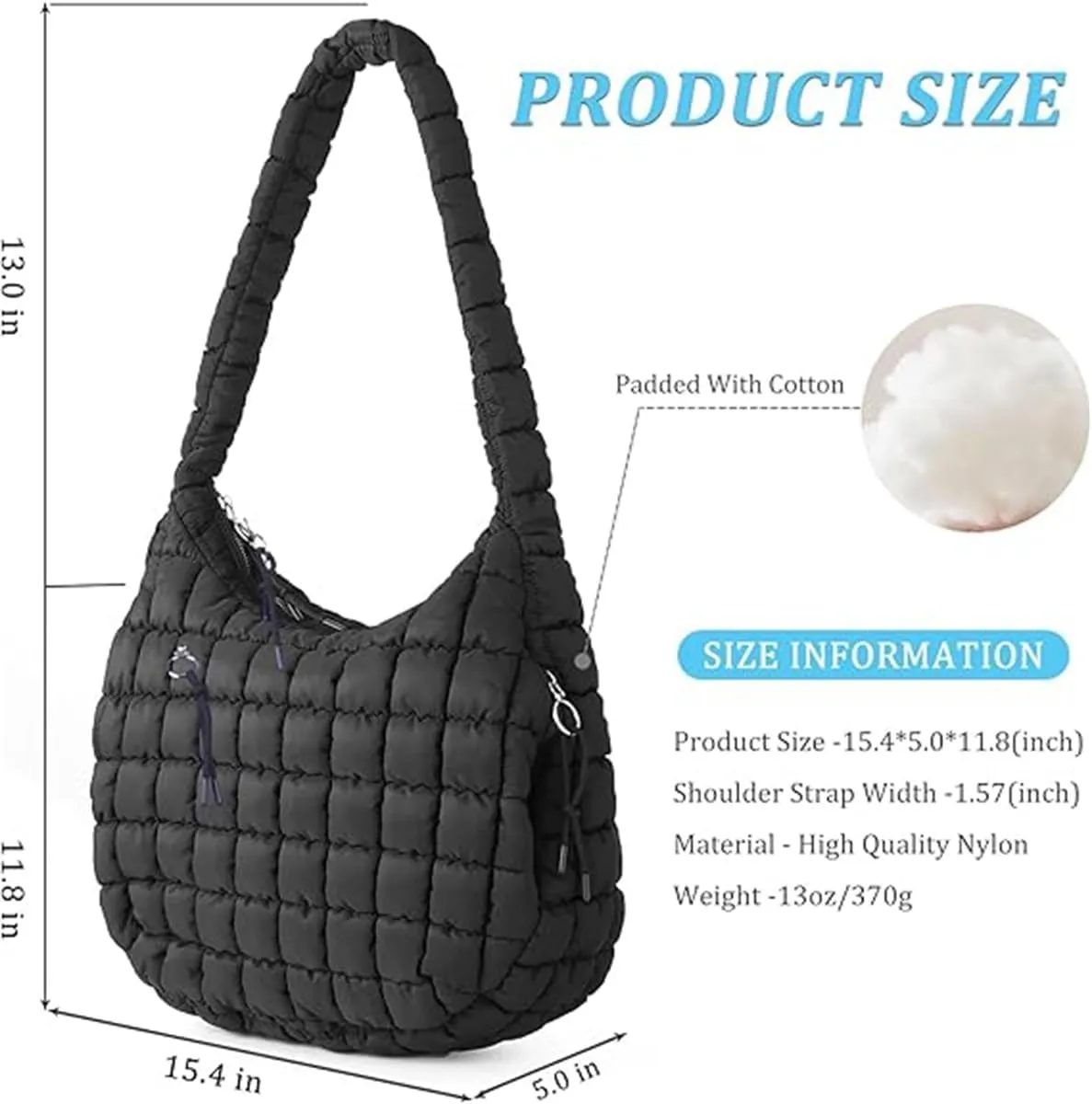 Quilted Tote Bag for Women,Large Nylon Crossbody Bag,Trendy Hobo Handbag,Lightweight Padding Shoulder Bag