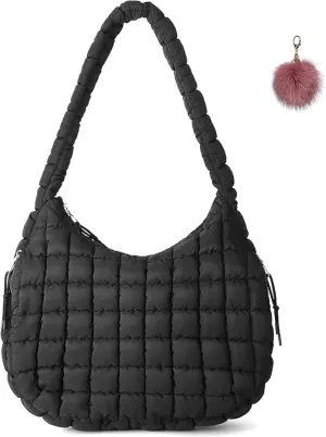 Quilted Tote Bag for Women,Large Nylon Crossbody Bag,Trendy Hobo Handbag,Lightweight Padding Shoulder Bag