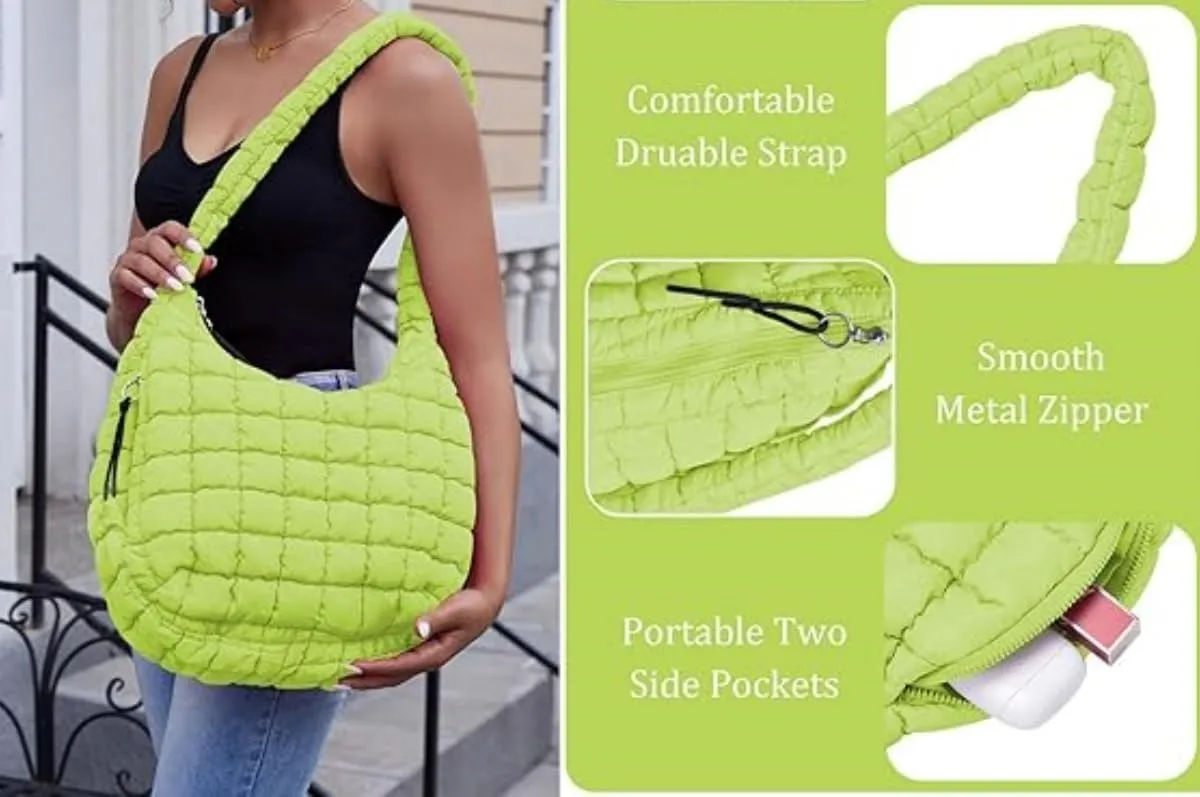 Quilted Tote Bag for Women,Large Nylon Crossbody Bag,Trendy Hobo Handbag,Lightweight Padding Shoulder Bag