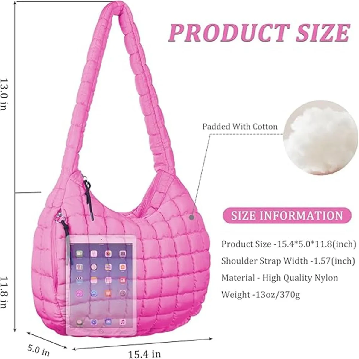 Quilted Tote Bag for Women,Large Nylon Crossbody Bag,Trendy Hobo Handbag,Lightweight Padding Shoulder Bag