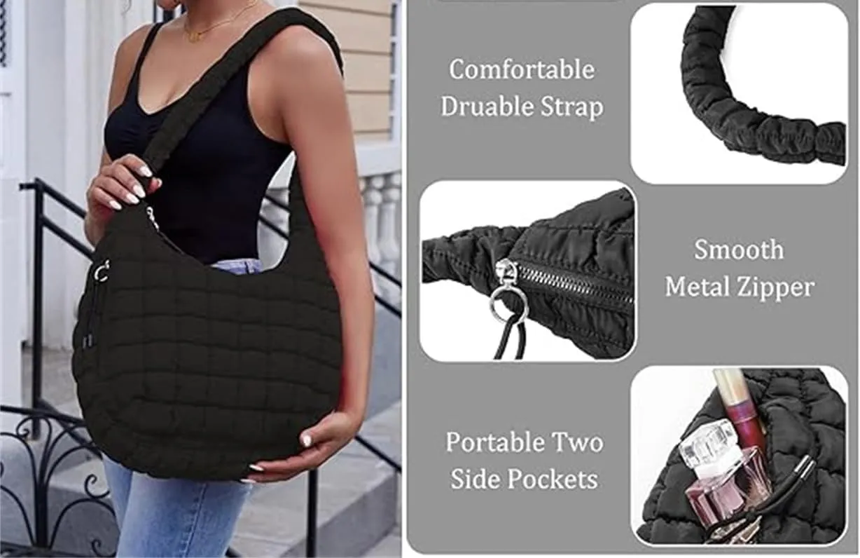 Quilted Tote Bag for Women,Large Nylon Crossbody Bag,Trendy Hobo Handbag,Lightweight Padding Shoulder Bag
