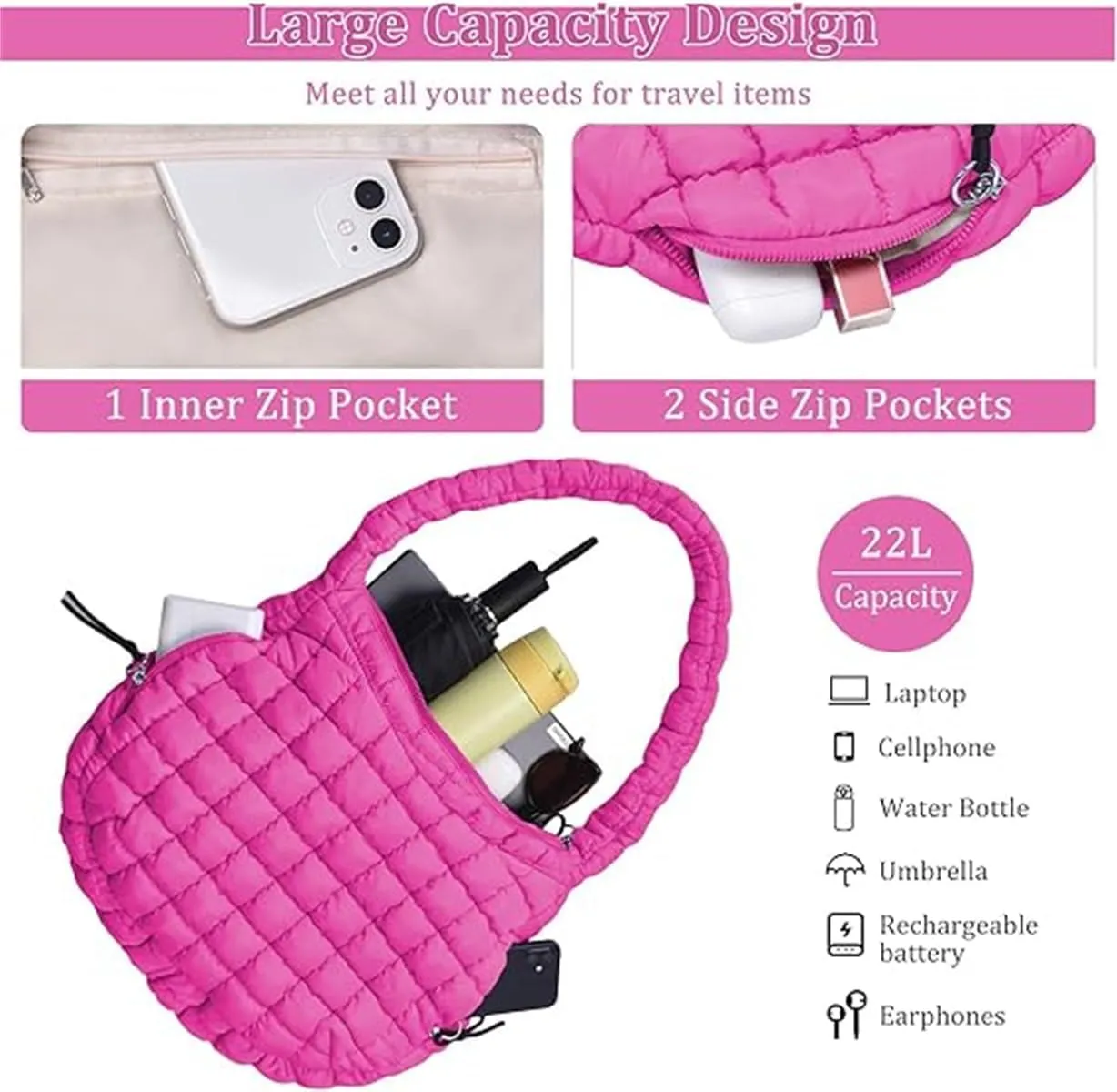 Quilted Tote Bag for Women,Large Nylon Crossbody Bag,Trendy Hobo Handbag,Lightweight Padding Shoulder Bag