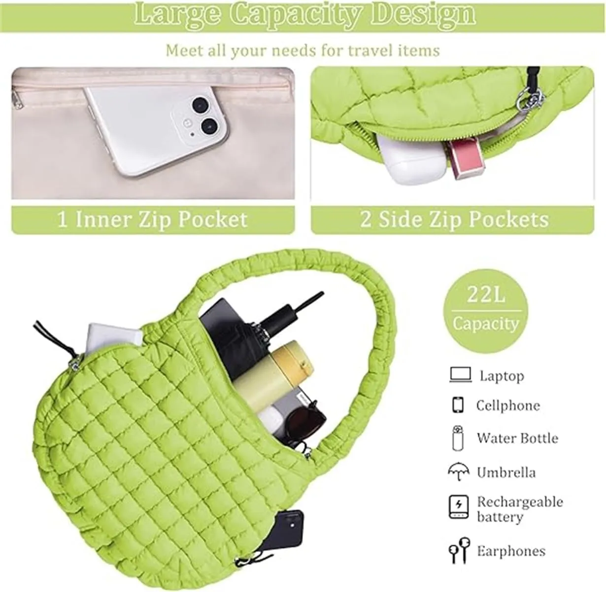 Quilted Tote Bag for Women,Large Nylon Crossbody Bag,Trendy Hobo Handbag,Lightweight Padding Shoulder Bag