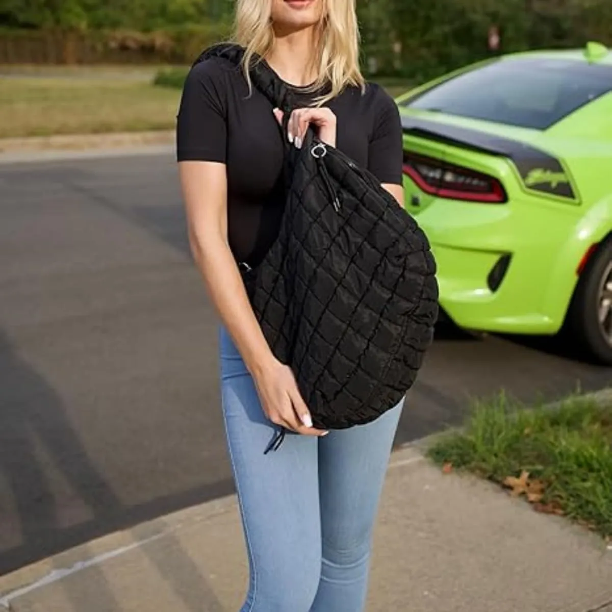 Quilted Tote Bag for Women,Large Nylon Crossbody Bag,Trendy Hobo Handbag,Lightweight Padding Shoulder Bag