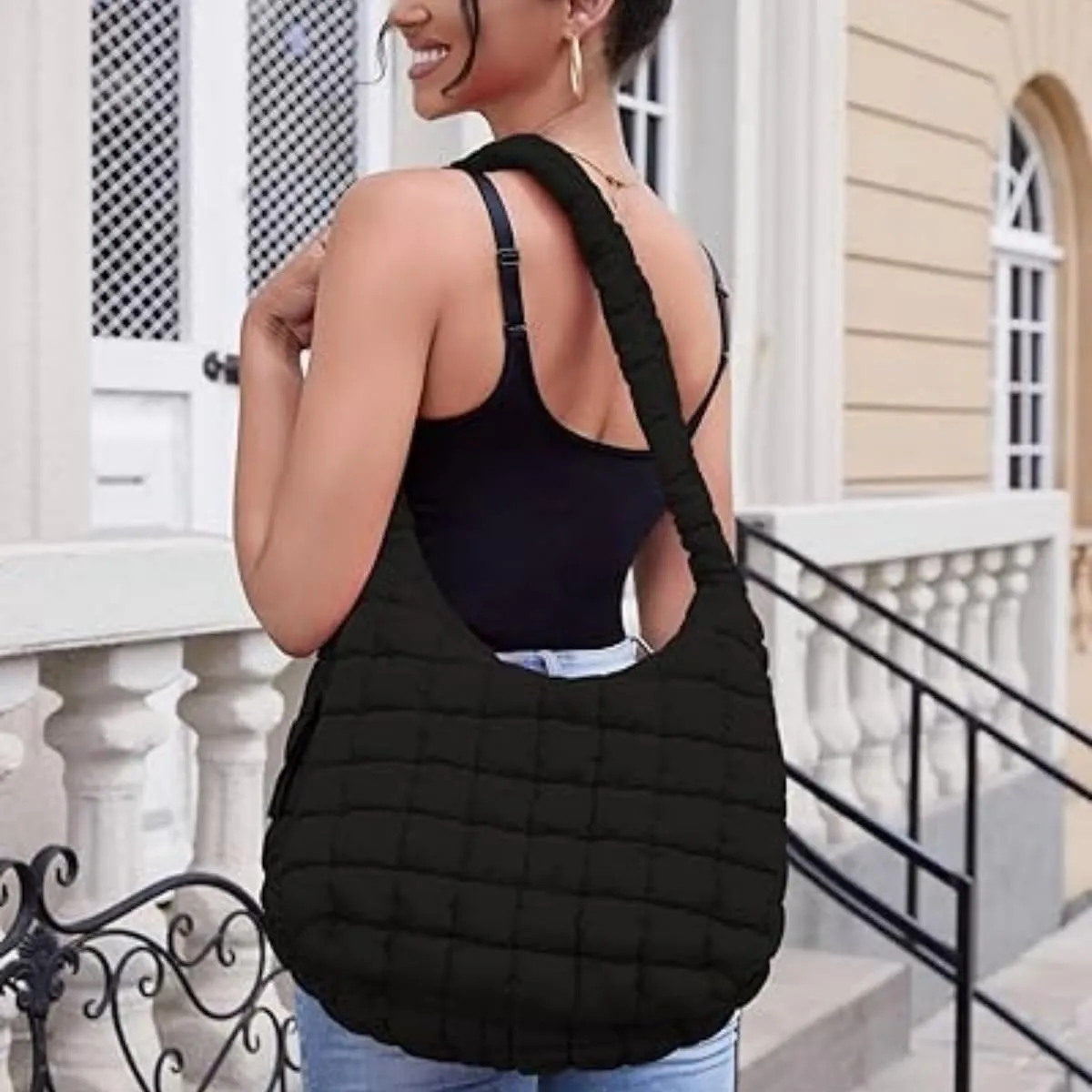 Quilted Tote Bag for Women,Large Nylon Crossbody Bag,Trendy Hobo Handbag,Lightweight Padding Shoulder Bag