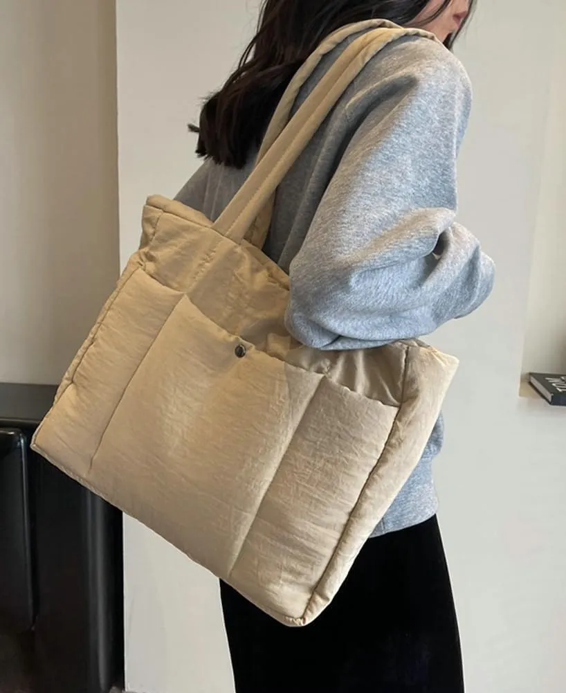 Quilted Tote Bag Handbag Lightweight Padding Cotton Large Size Shoulder Bag for Women Ladies 2024