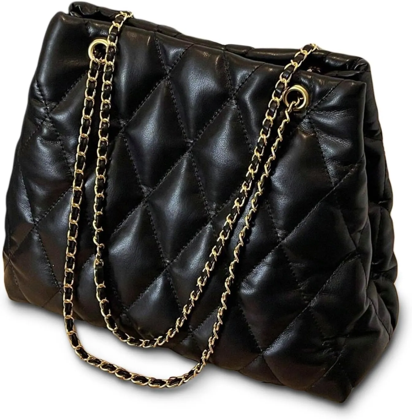 Quilted Vegan Leather Tote Bag with Chain Straps, Shoulder Bag, Black