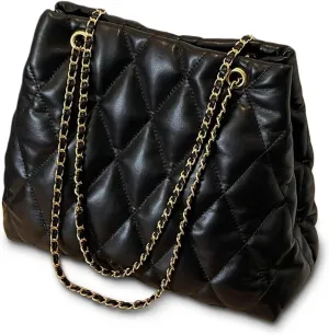 Quilted Vegan Leather Tote Bag with Chain Straps, Shoulder Bag, Black
