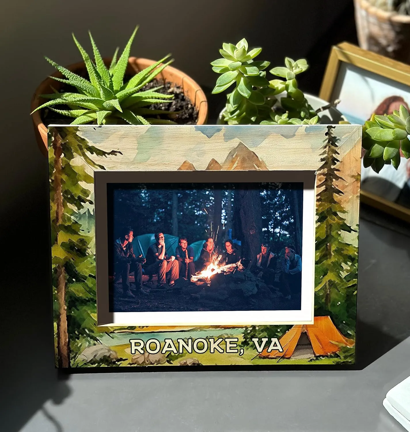 R and R Imports San Saba Texas Souvenir Wooden Photo Frame Camping Tent Design Horizontal