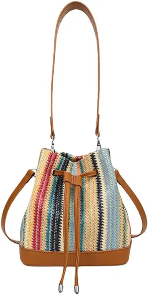 Rainbow Straw Bucket Bag for Women Summer Beach Woven Shoulder Bag Drawstring Cross-body Bag Causal Hobo Satchel Purse