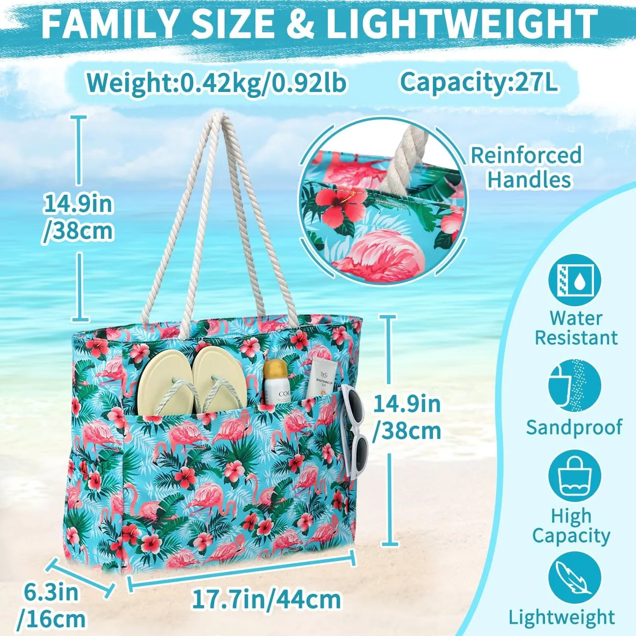 RAVUO Beach Bags, Extra Large Women Tote with Zip Summer Holiday Handbags with Multiple Pockets for Family