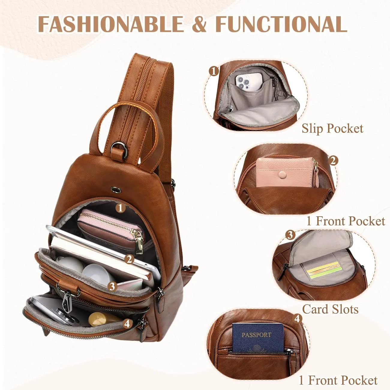 RAVUO Sling Bag for Women, Anti Theft Small Crossbody Backpack Purse Fashion PU Leather Ladies Convertible Daypack