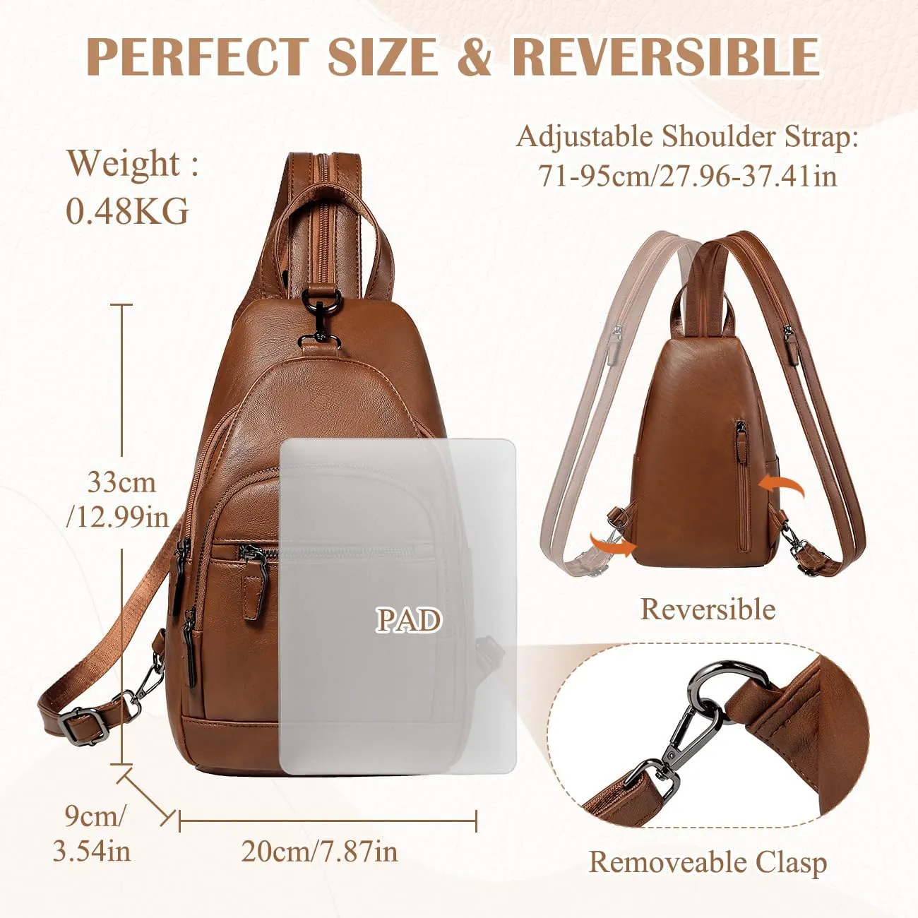 RAVUO Sling Bag for Women, Anti Theft Small Crossbody Backpack Purse Fashion PU Leather Ladies Convertible Daypack