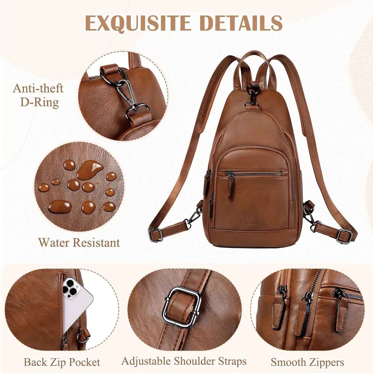 RAVUO Sling Bag for Women, Anti Theft Small Crossbody Backpack Purse Fashion PU Leather Ladies Convertible Daypack