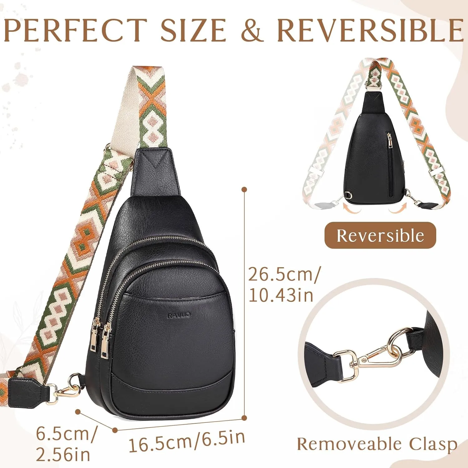 RAVUO Sling Bag for Women, Small Crossbody Purse Trendy Faux Leather One Shoulder Backpack with Adjustable Strap for Travel Sport Hiking,Black