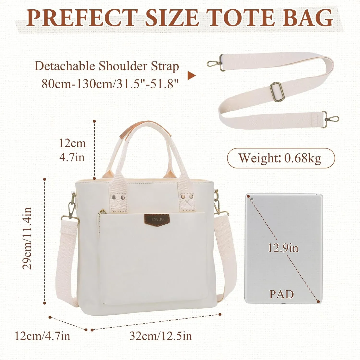 RAVUO Tote Bag for Women, Canvas Crossbody Shoulder Bag Multi-Pocket Handbag with Compartments for Work Travel