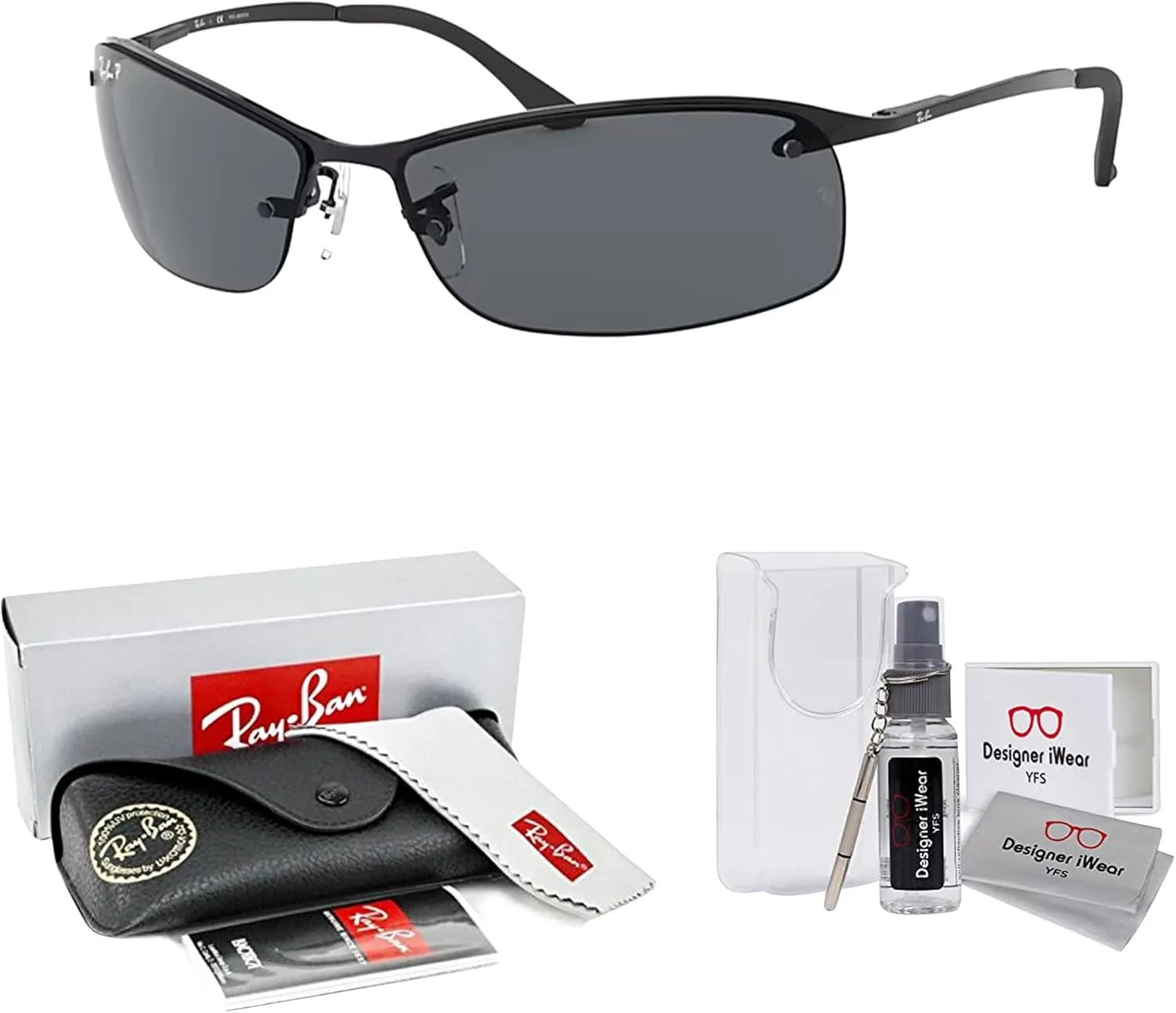 Ray-Ban RB3183 Rectangular Sunglasses For Men   BUNDLE with Designer iWear Eyewear Care Kit