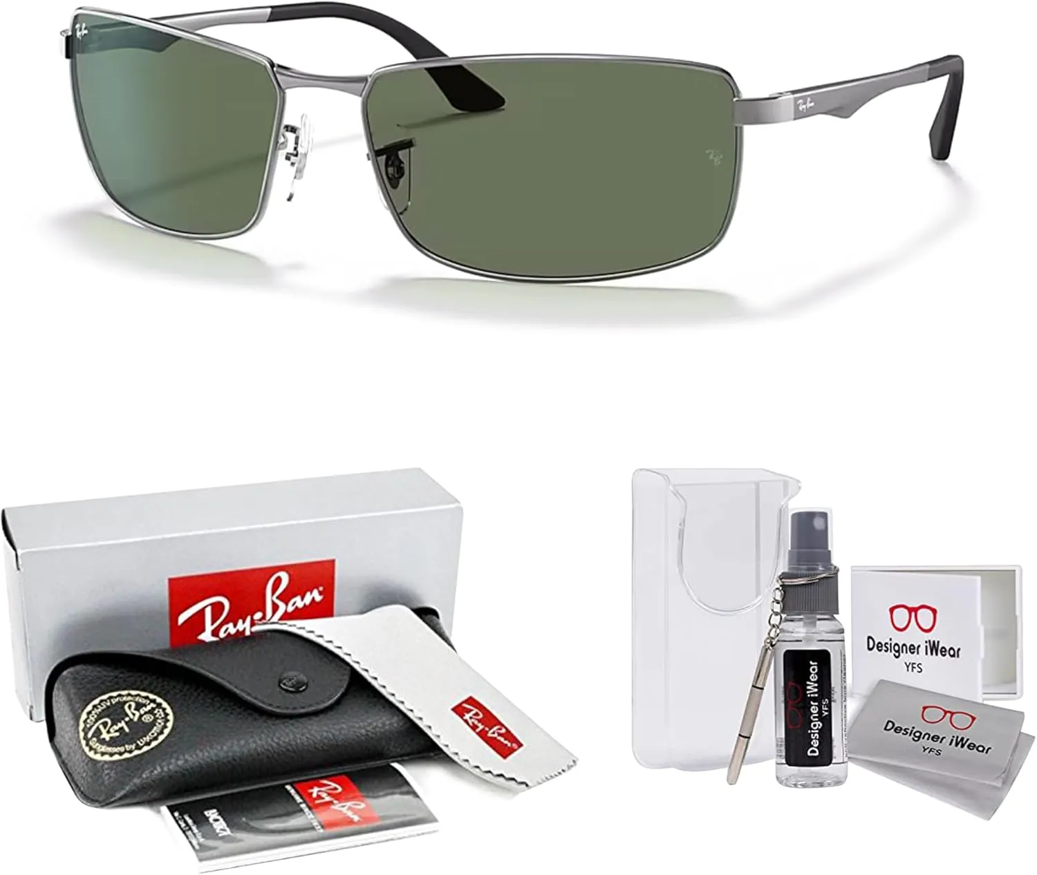 Ray-Ban RB3498 Rectangular Sunglasses For Men   BUNDLE with Designer iWear Eyewear Care Kit