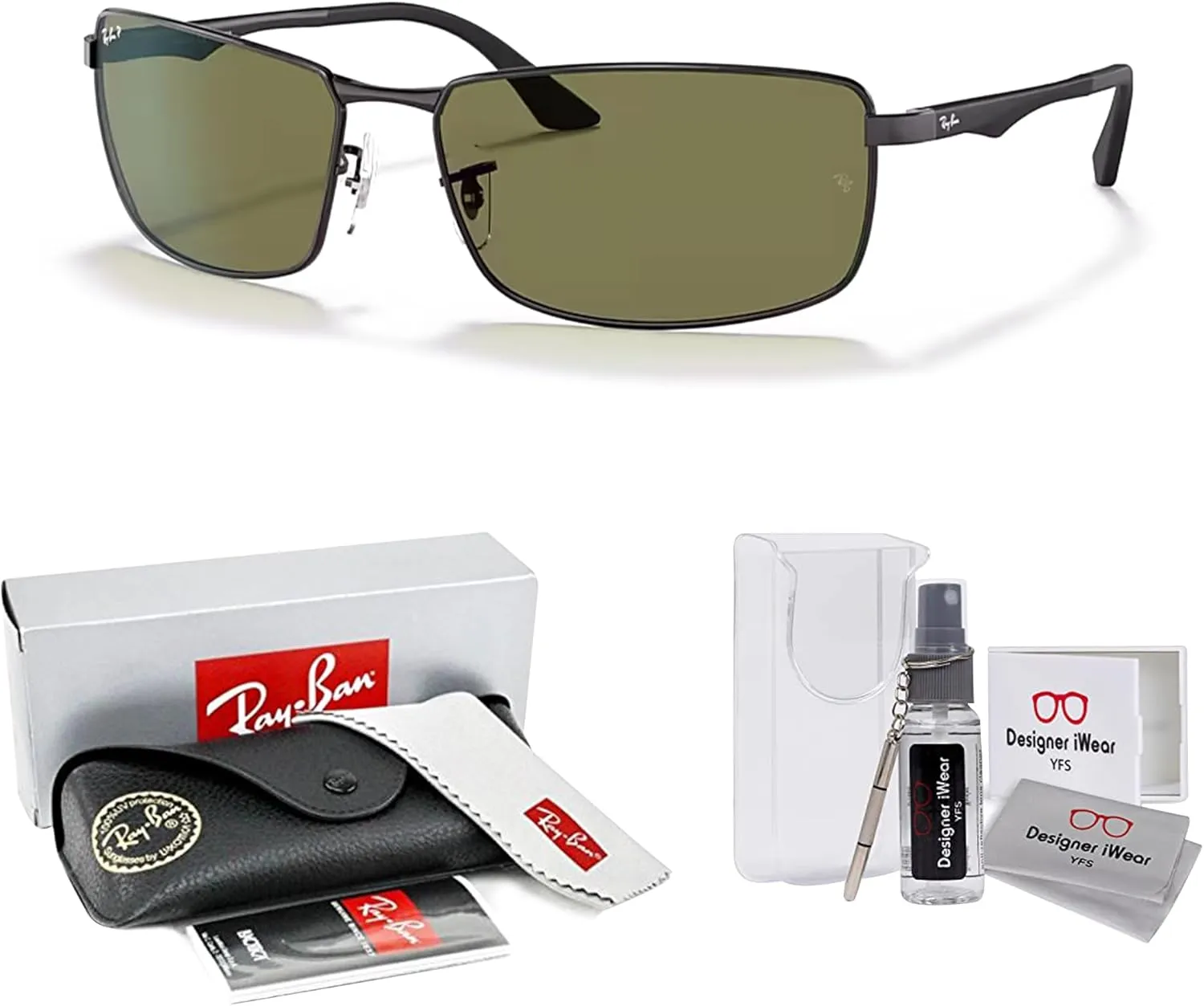 Ray-Ban RB3498 Rectangular Sunglasses For Men   BUNDLE with Designer iWear Eyewear Care Kit