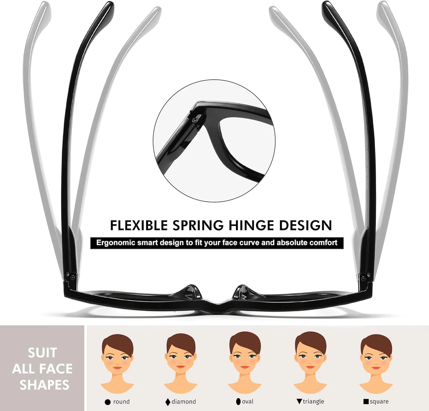 Reading Glasses for Women Men Square Oval Readers with Spring Hinge Anti UV Glare