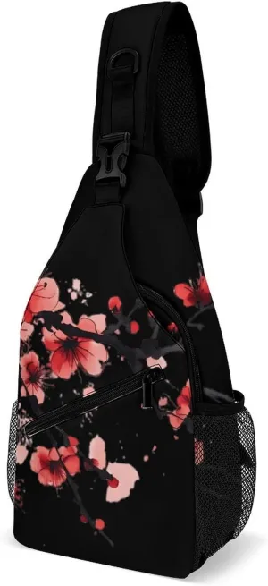 Red Blossoming Flowers Cherry Casual Sling Bag Backpack Travel Shoulder Chest Crossbody Bags Adjustable Daypack Unisex